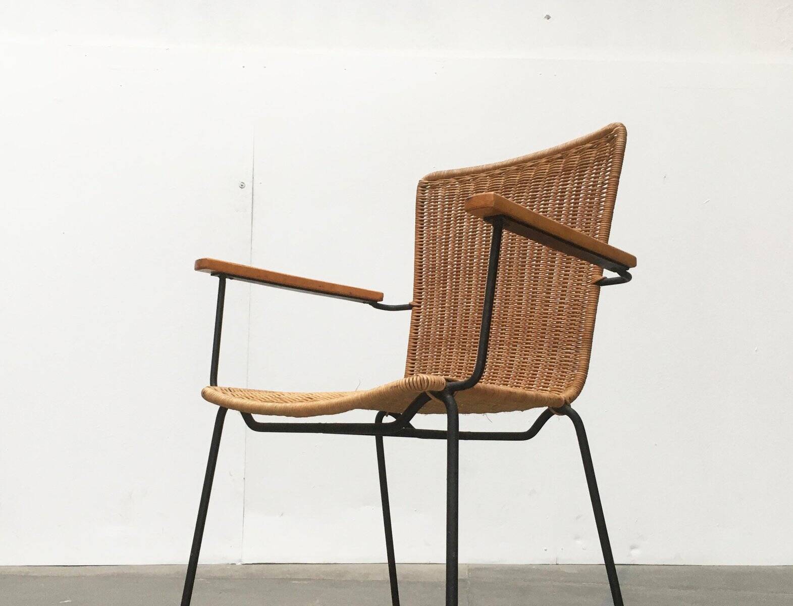 Mid-century metal and rattan dining chairs, set of 3.