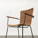 Mid-century metal and rattan dining chairs, set of 3.