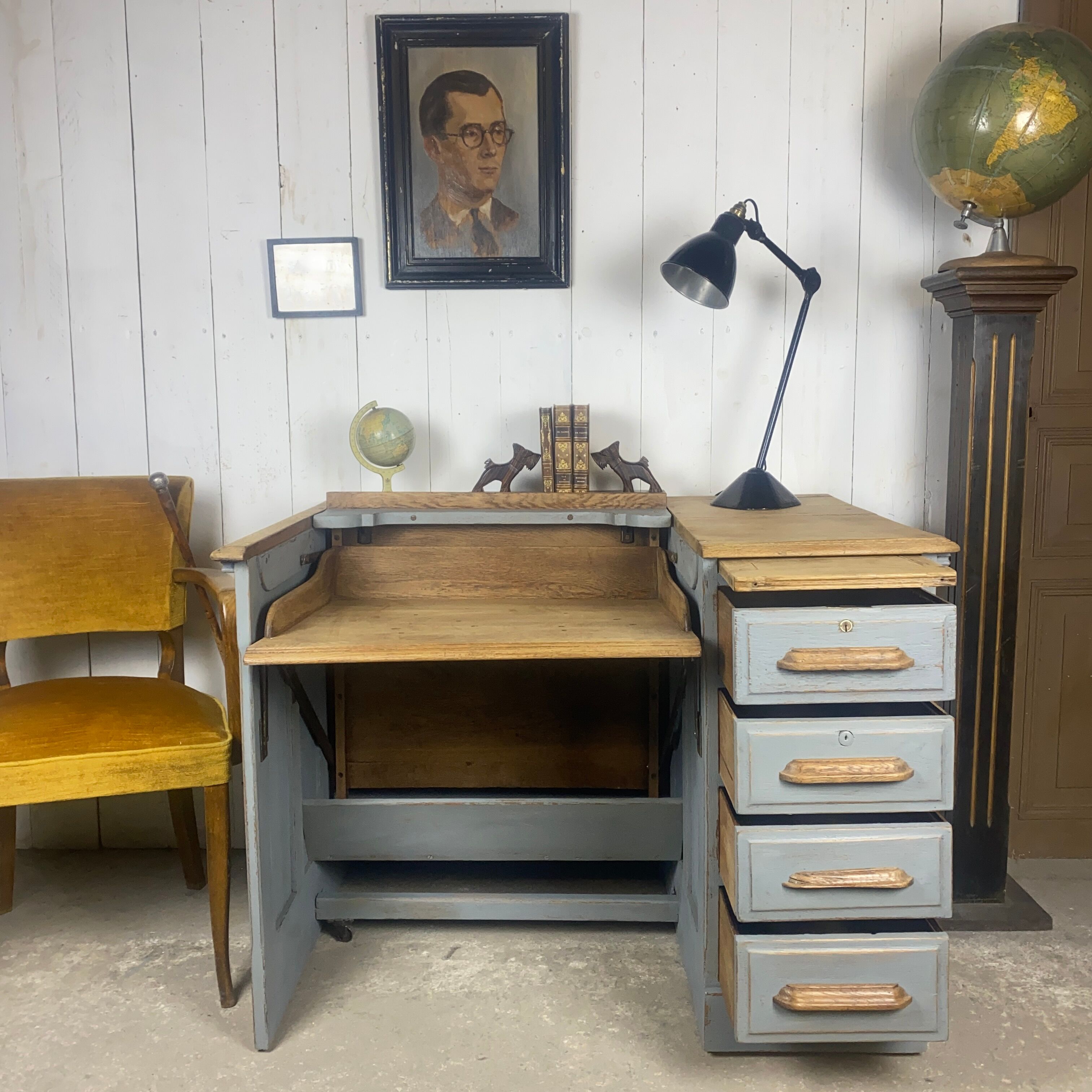 Bureau escamotable chêne patine