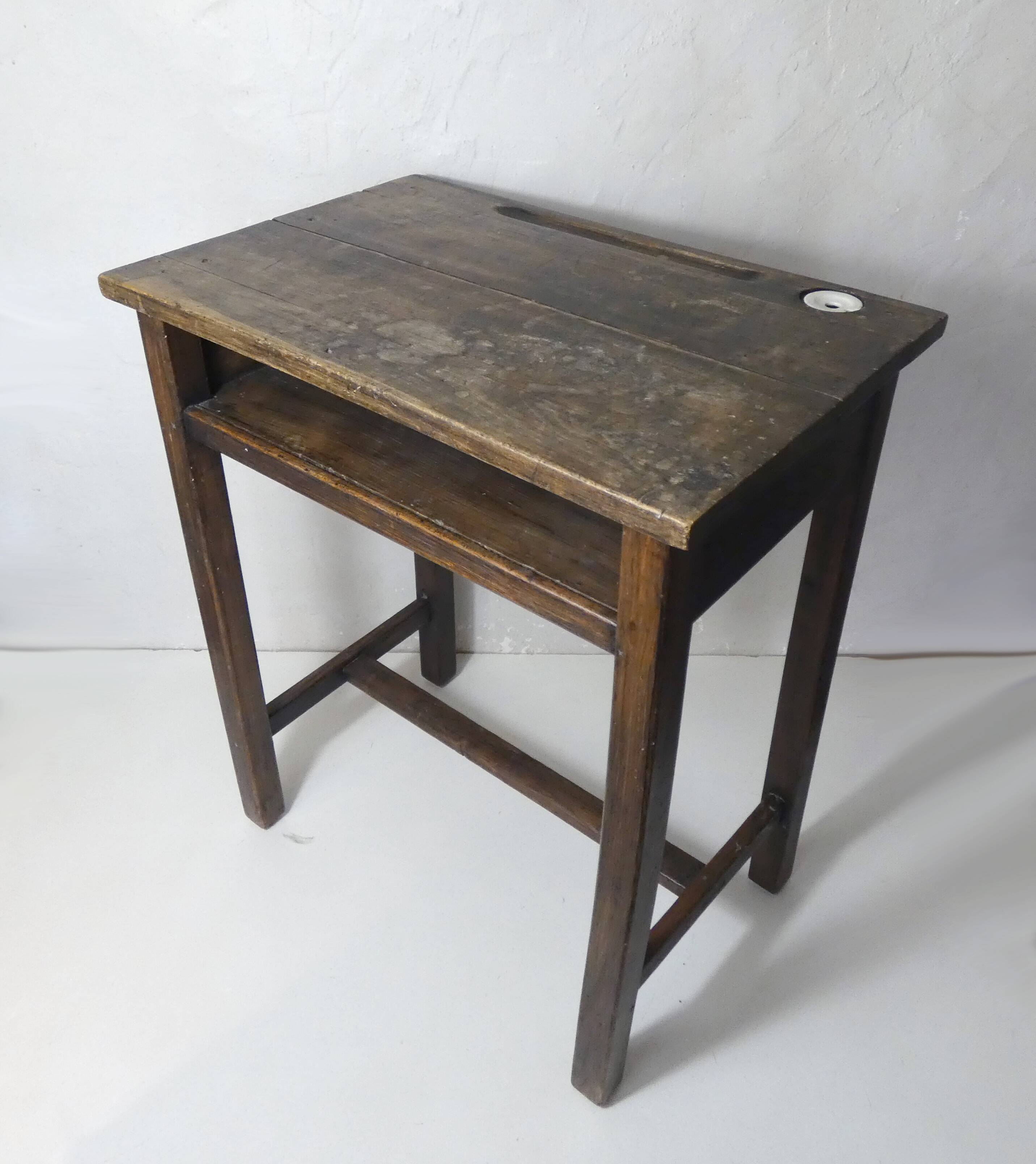 Old children's desk + vintage porcelain inkwell