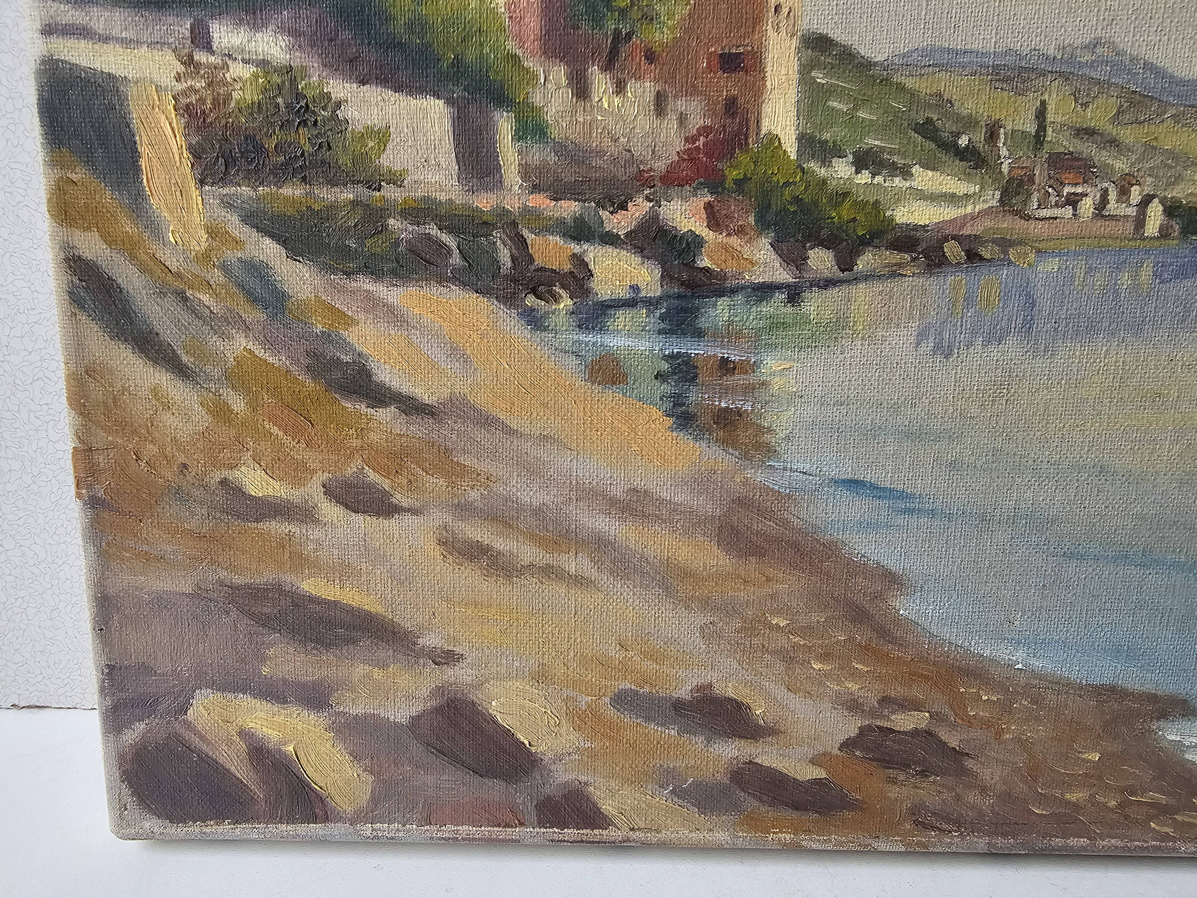 Old painting - Oil on canvas Lake Geneva Chateau de Glérolles (Switzerland)