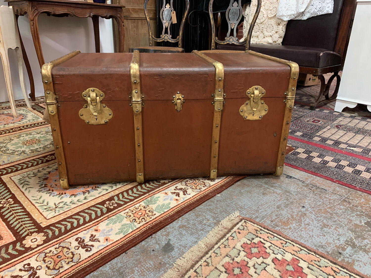 Leather, wood and brass travel trunk
