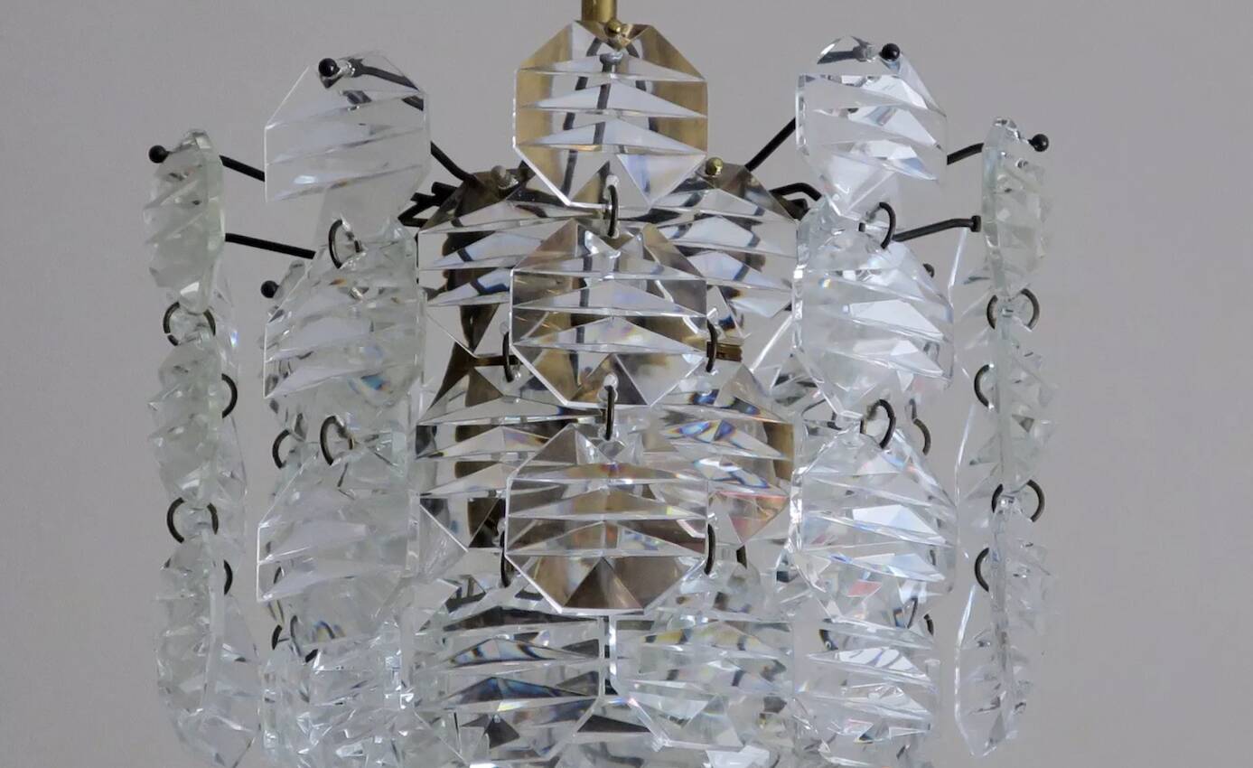 Kinkeldey brass and faceted glass 3- level chandelier, 1960s