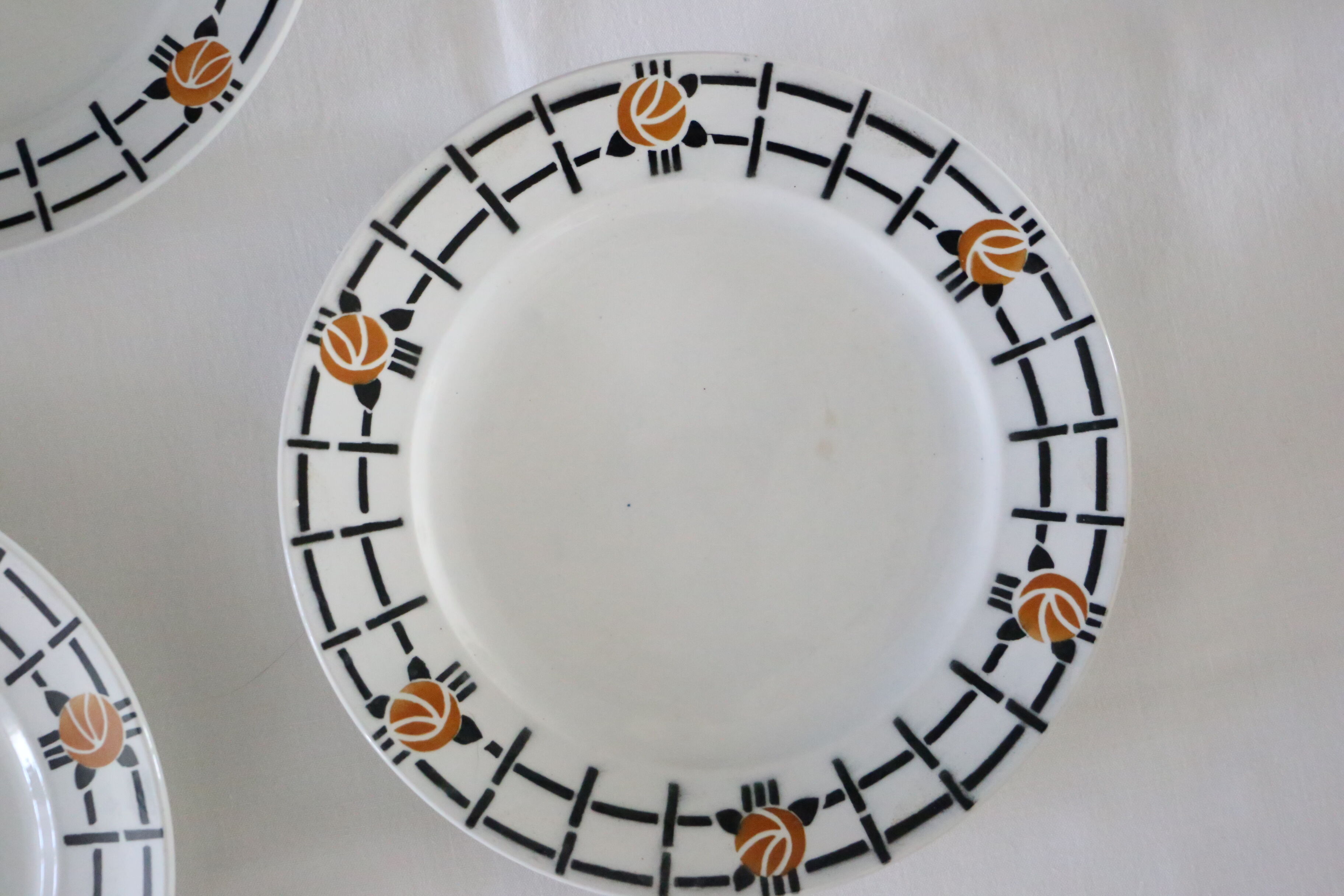 Ensemble de 4 assiette L'Amandinoise, motif géométrique, vintage français, rustique, campagne