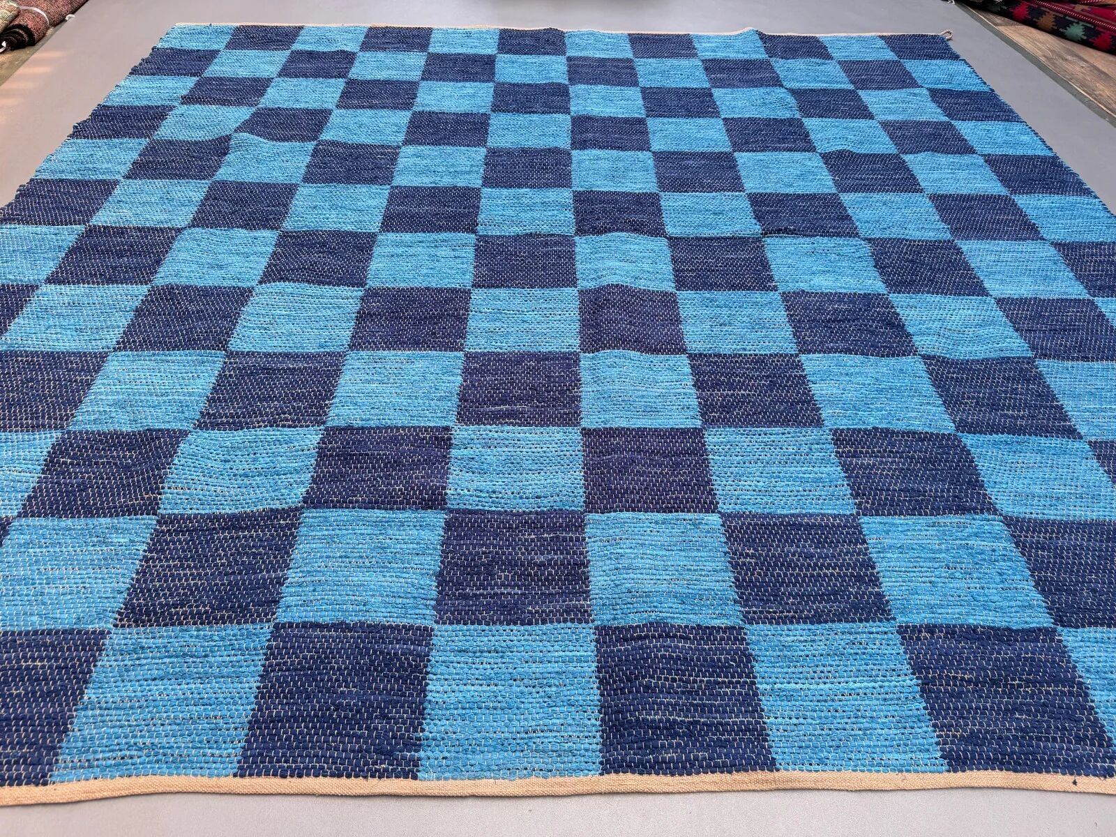 Vintage Swedish style 315x330 cm Square, Checkerboard Chindi Rug, Schackruta
