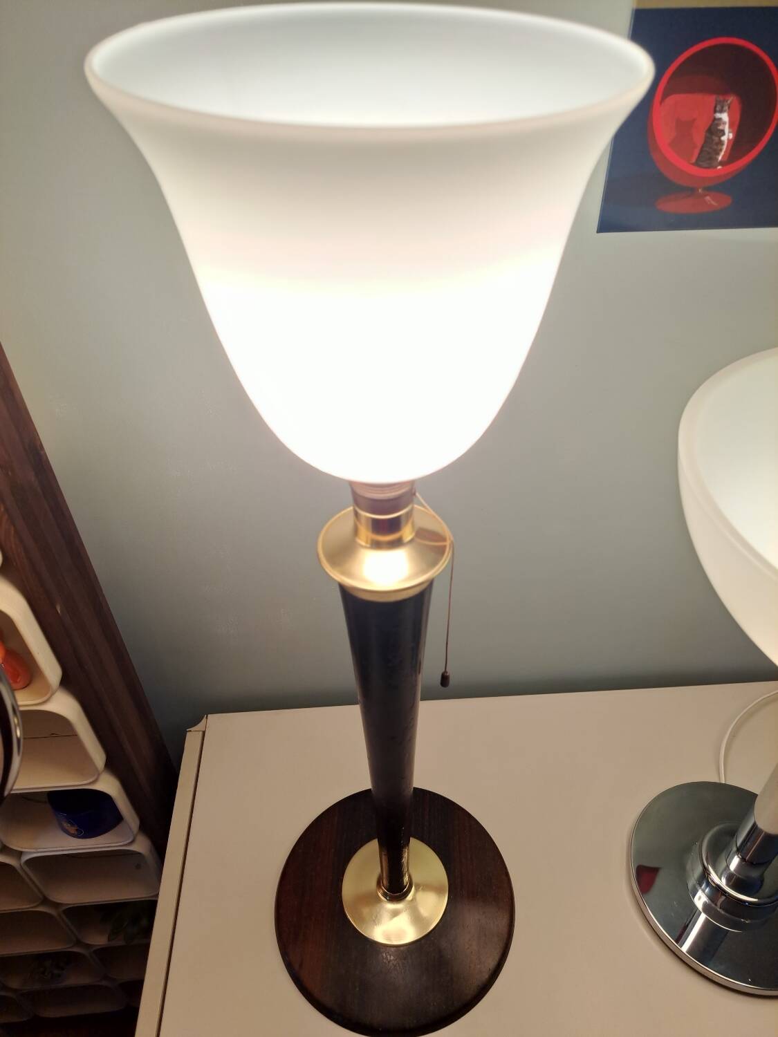 Large MAZDA 1950 Lamp Opaline Tulip/wood/metal