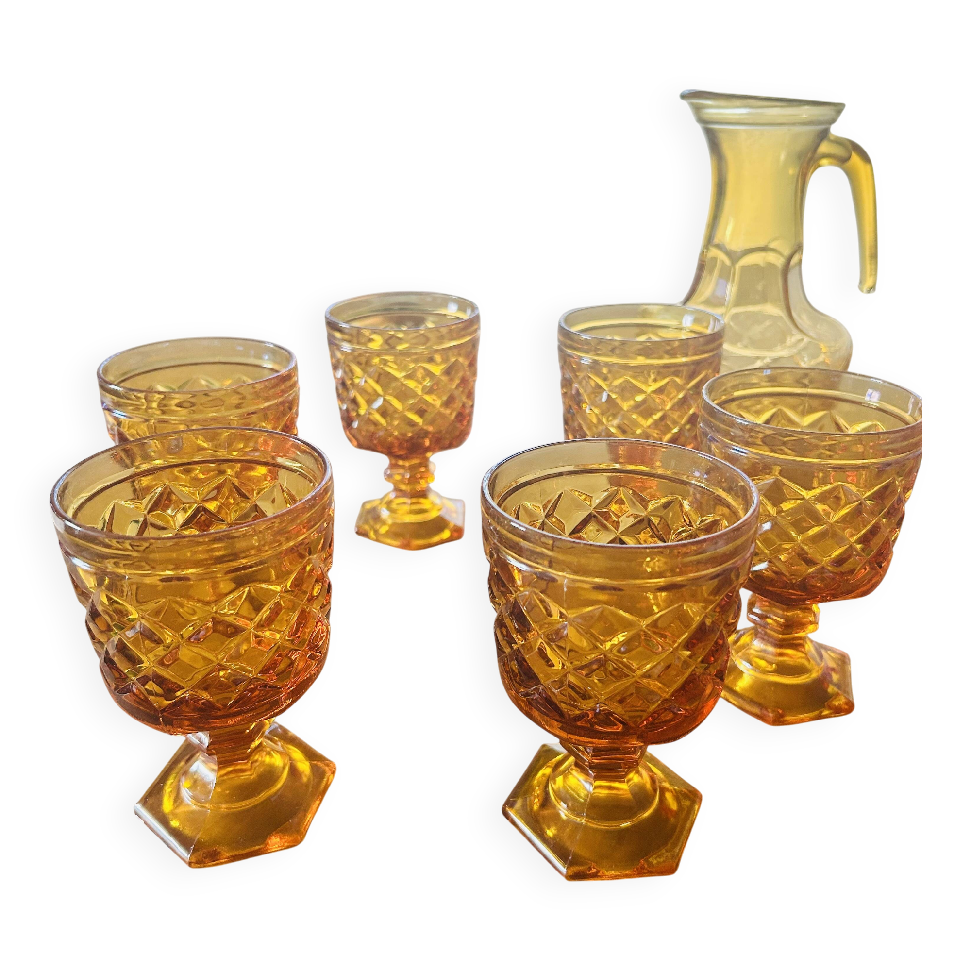 Vintage amber glass aperitif service – complete set – 1960s/70s