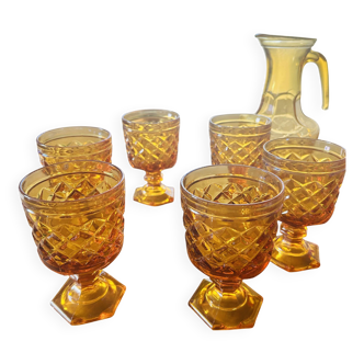 Vintage amber glass aperitif service – complete set – 1960s/70s