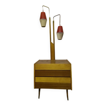 Armoire cocktail en noyer marron avec porte-lampes intégré et 2 abat-jours, 1950s