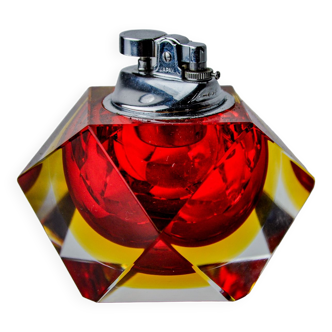 Briquet sommerso rouge et jaune par seguso, verre facetté, murano, italie, 1970