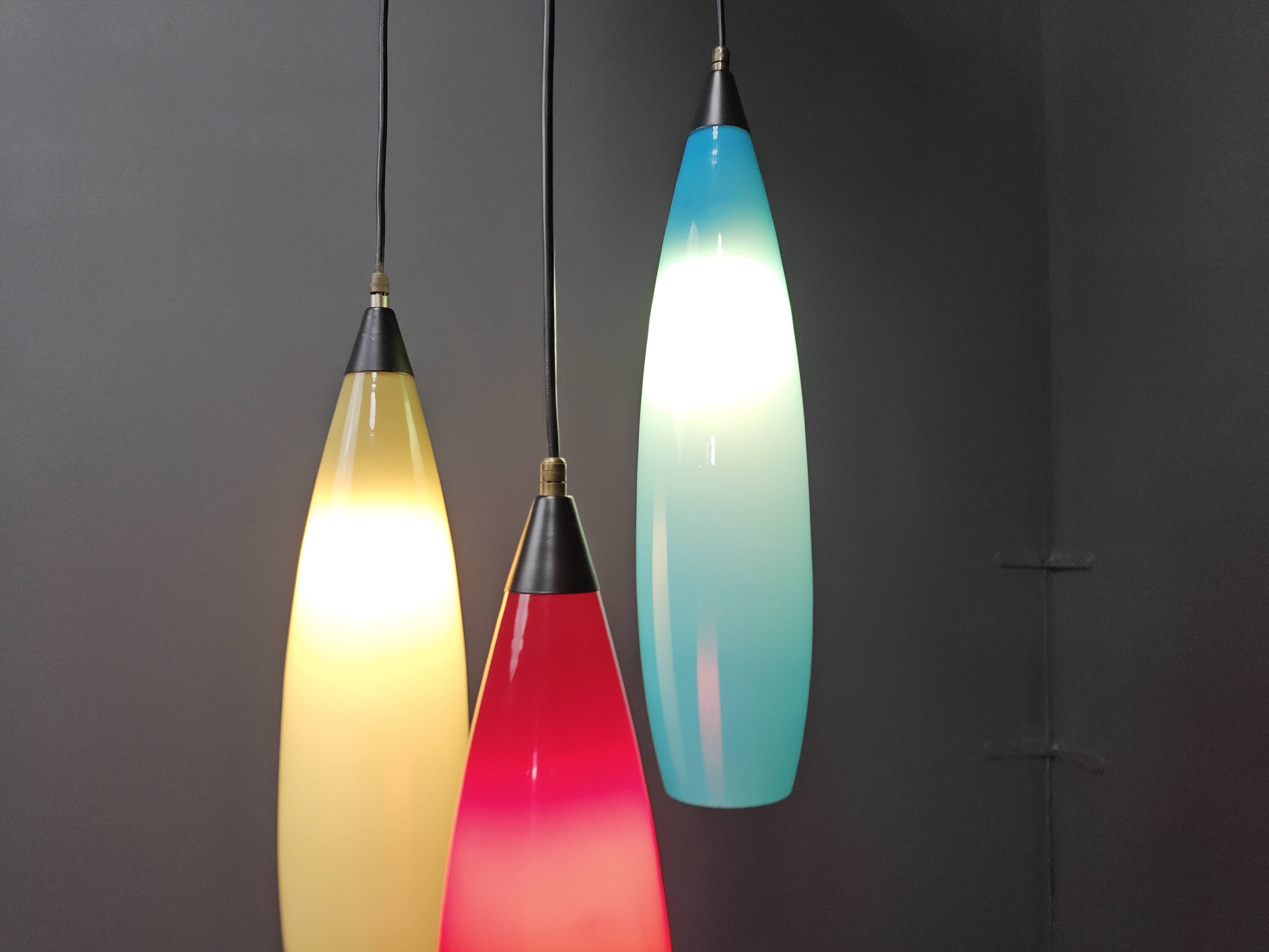 Vintage 3 glass pendant lights by Vistosi, 1970s
