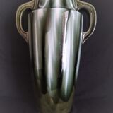 Pair of Art Deco vases in enameled earthenware with white drips on a green background