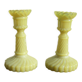 Pair of miniature fairground opaline doll candlesticks