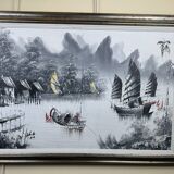 Large oil on canvas vintage painting Japanese style