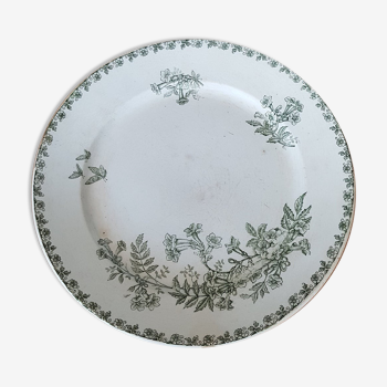 Plat céramique blanc et vert décors fleurs et papillons