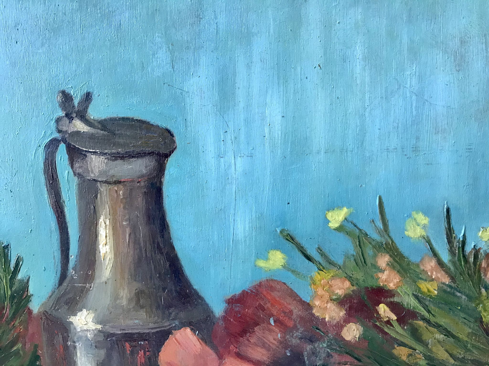 Old painting signed still life pitcher and poppies on vintage azure background