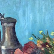 Old painting signed still life pitcher and poppies on vintage azure background