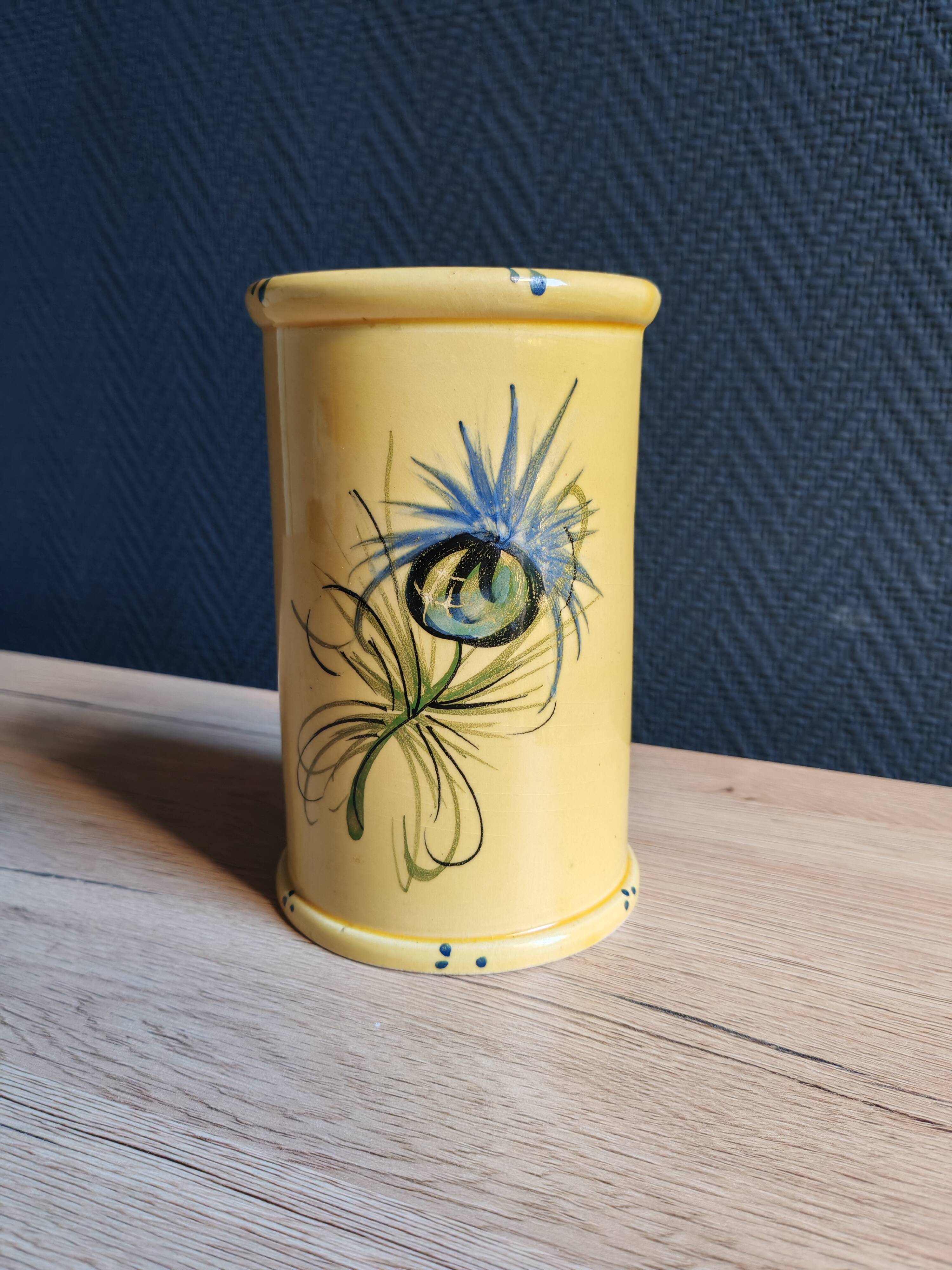 Vintage 1960s Vallauris Yellow Ceramic Vase, Blue Peacock Feather Decor