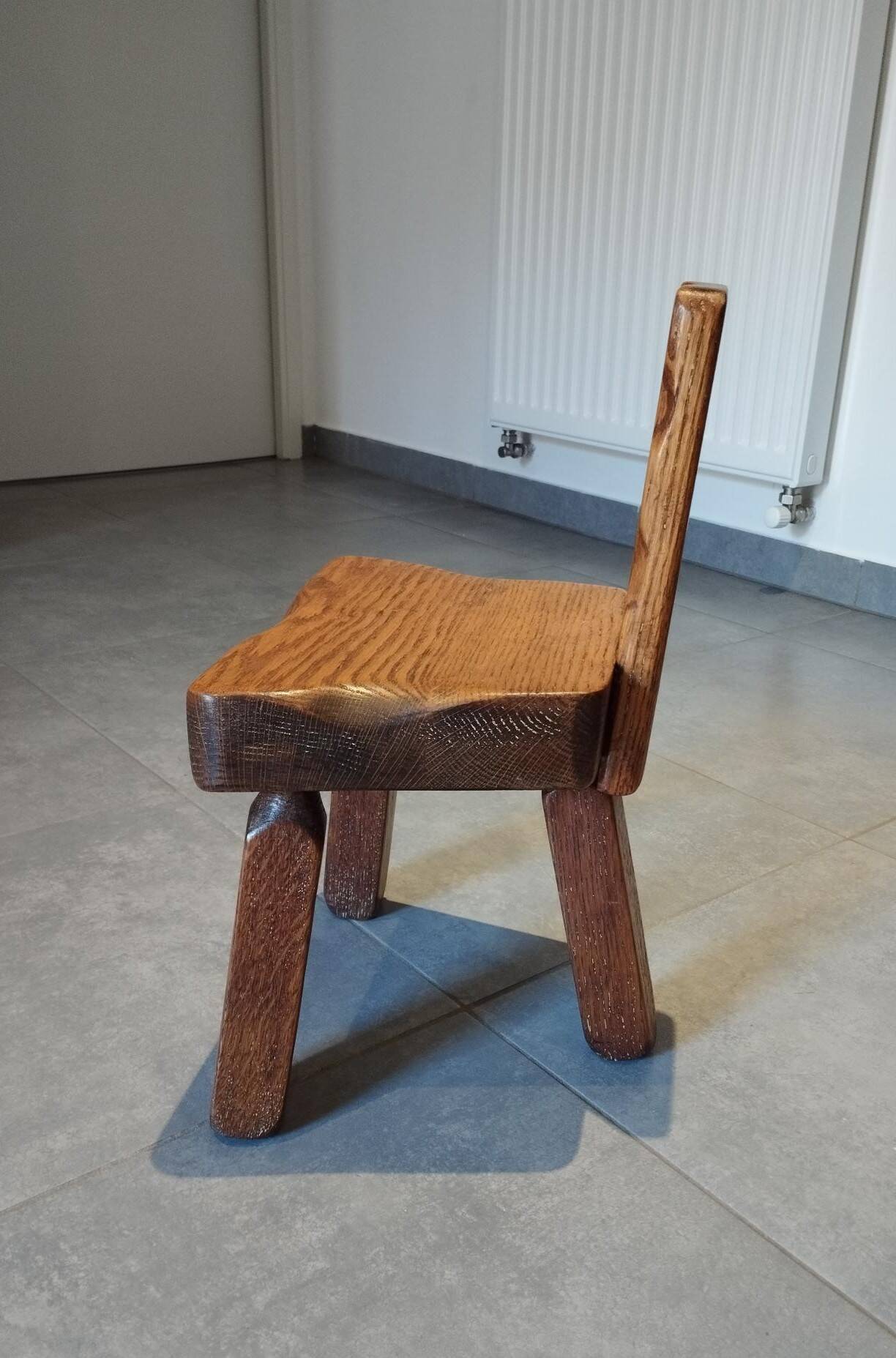 Tripod chair for children, Scandinavian brutalist chalet design.