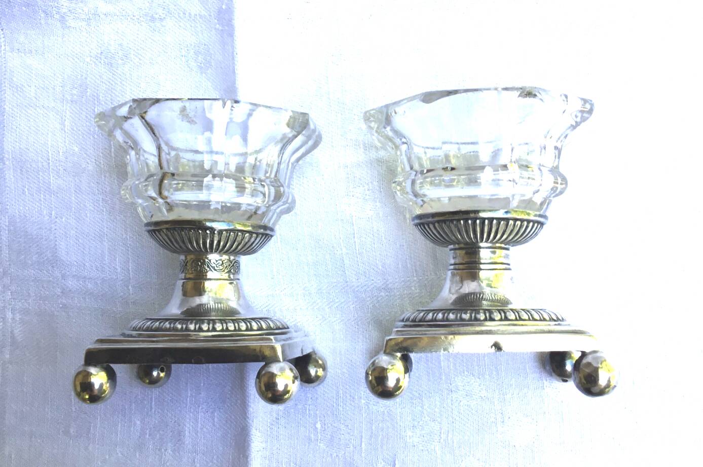 Pair of solid silver salt cellars. Old man's hallmark. Early 19th century.