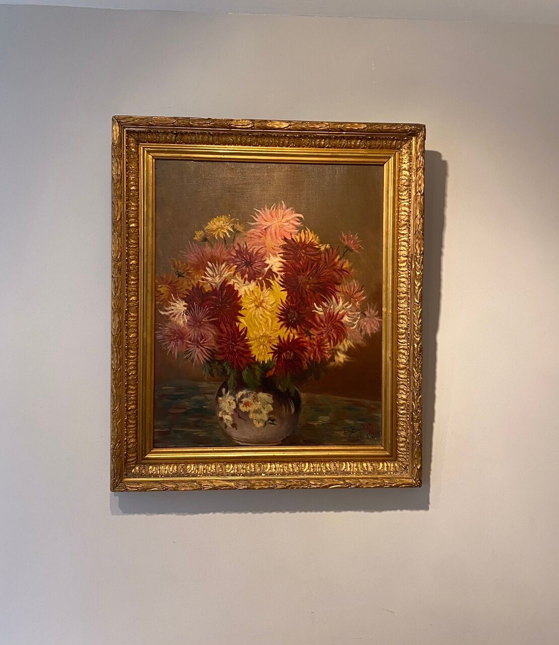 Old painting, still life with Dahlias, signed E Boudet late nineteenth century.
