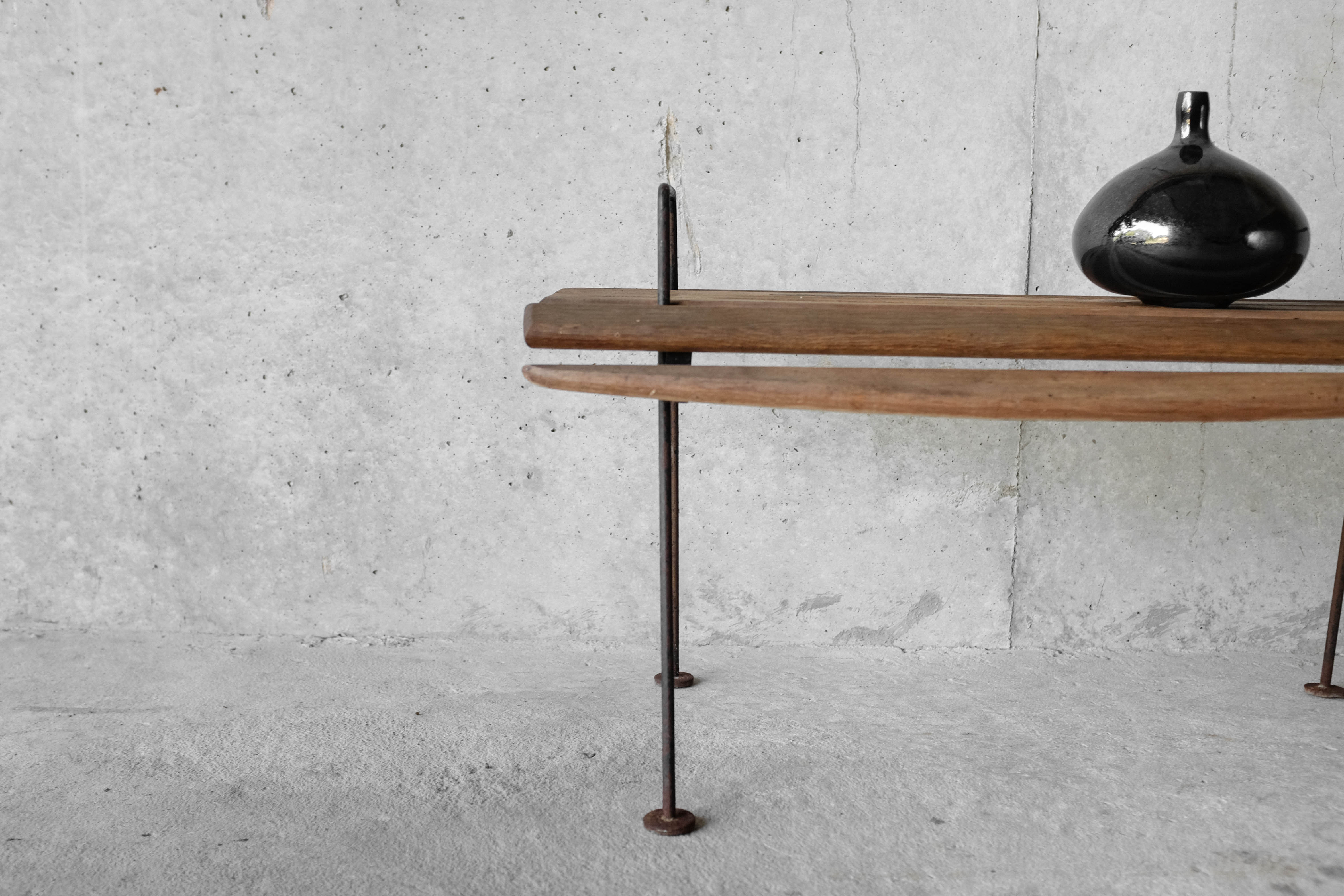 Stool with minimalist wood and metal slats