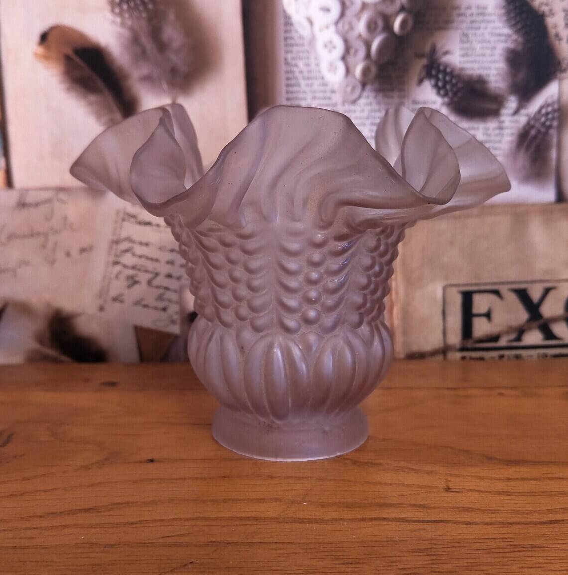 Single French Vintage White Frosted Pattern Glass Tulip Shade Frilled Edge