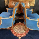 Pair of Louis XV style blue velvet bergère armchairs
