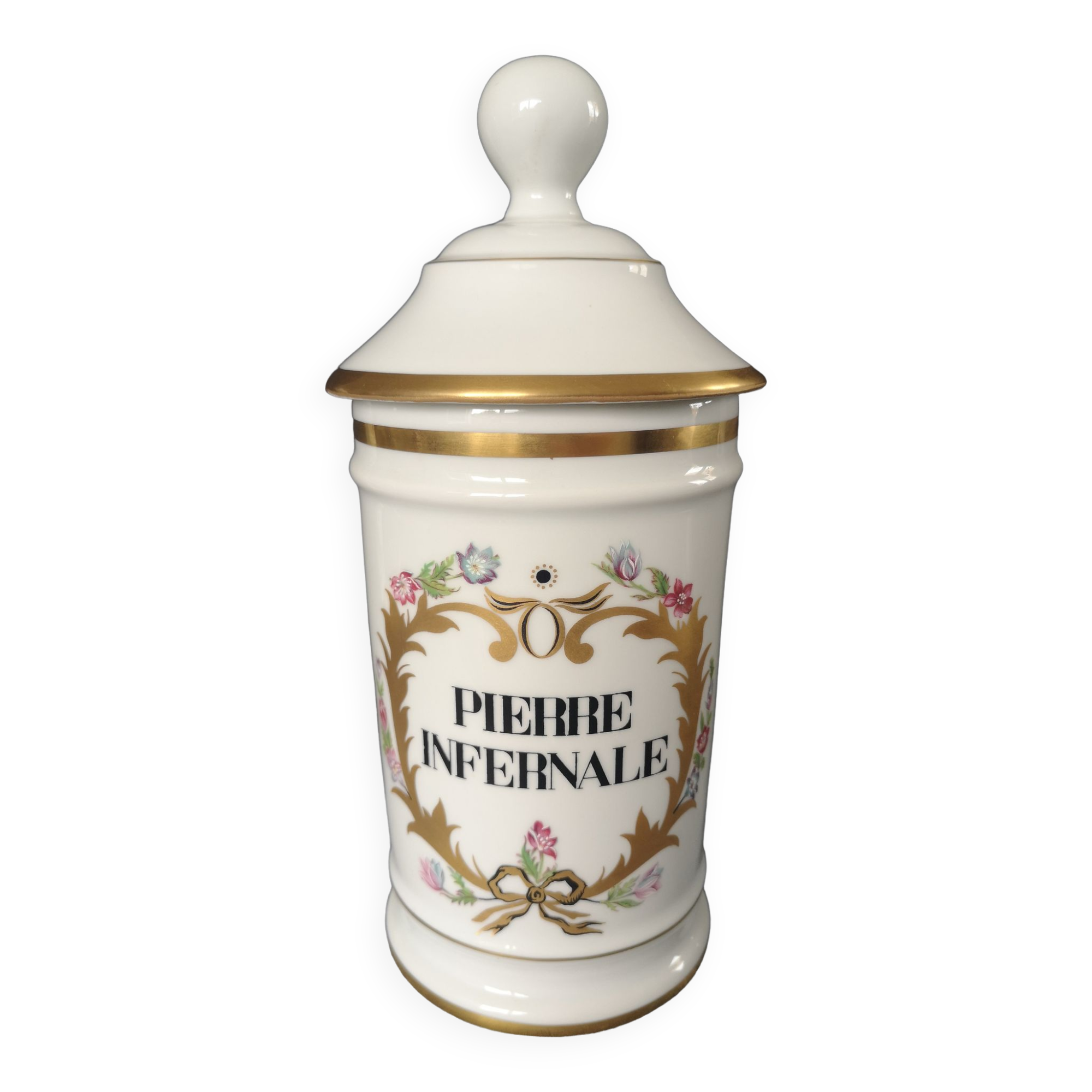 Pharmaceutical jar in limoges porcelain, "infernal stone"