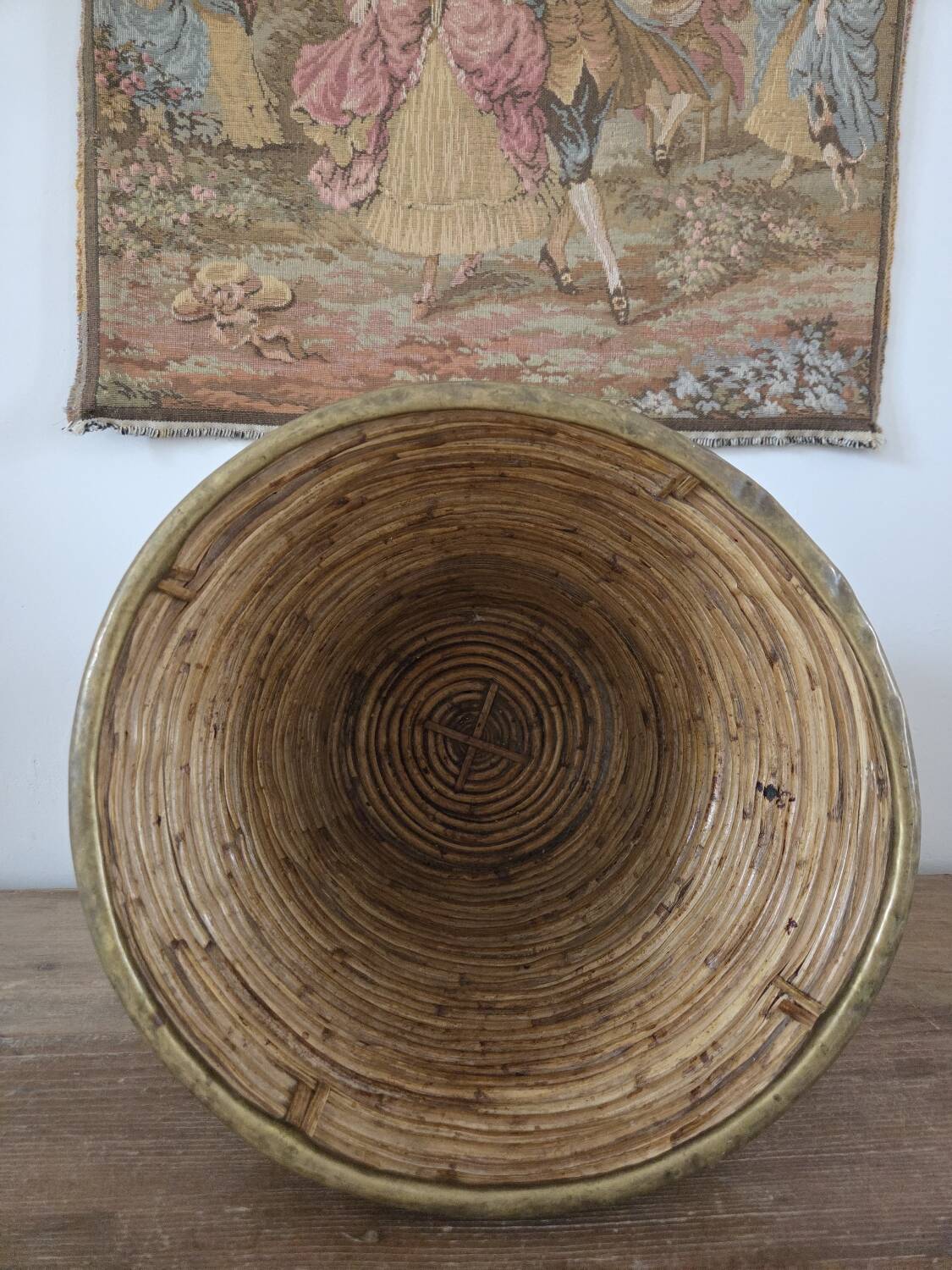 Rattan and brass cache pot, Italy.
