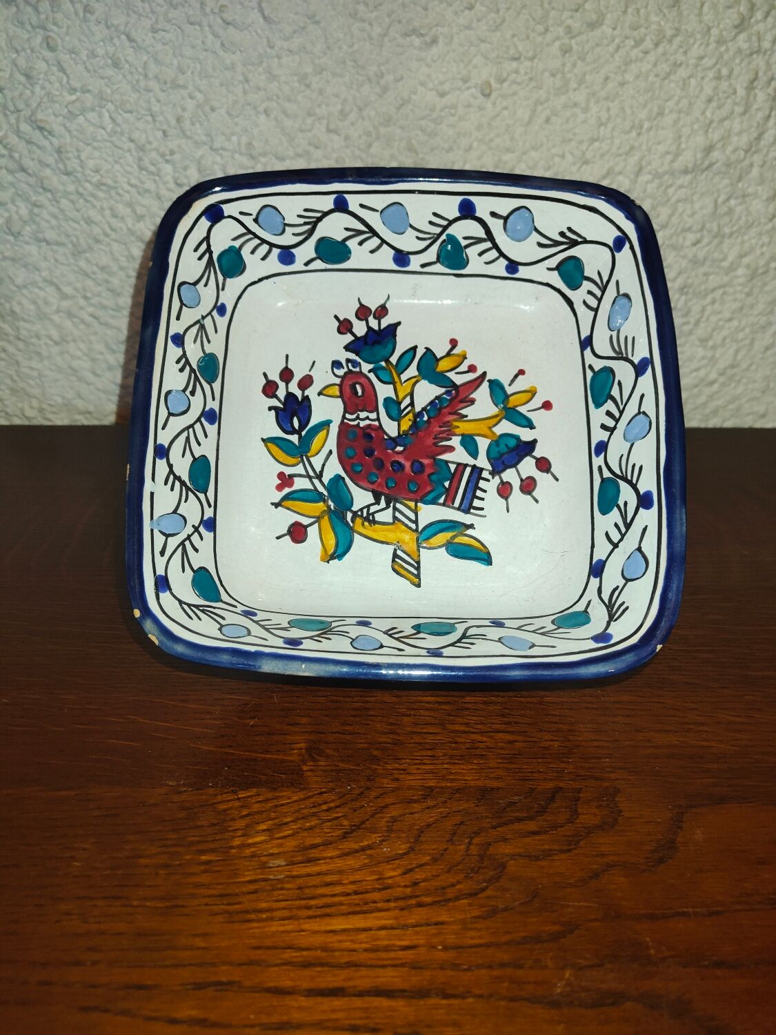 Old square dish square cut in polychrome glazed ceramic Nabeul Tunisian with bird decoration