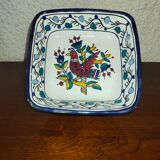 Old square dish square cut in polychrome glazed ceramic Nabeul Tunisian with bird decoration