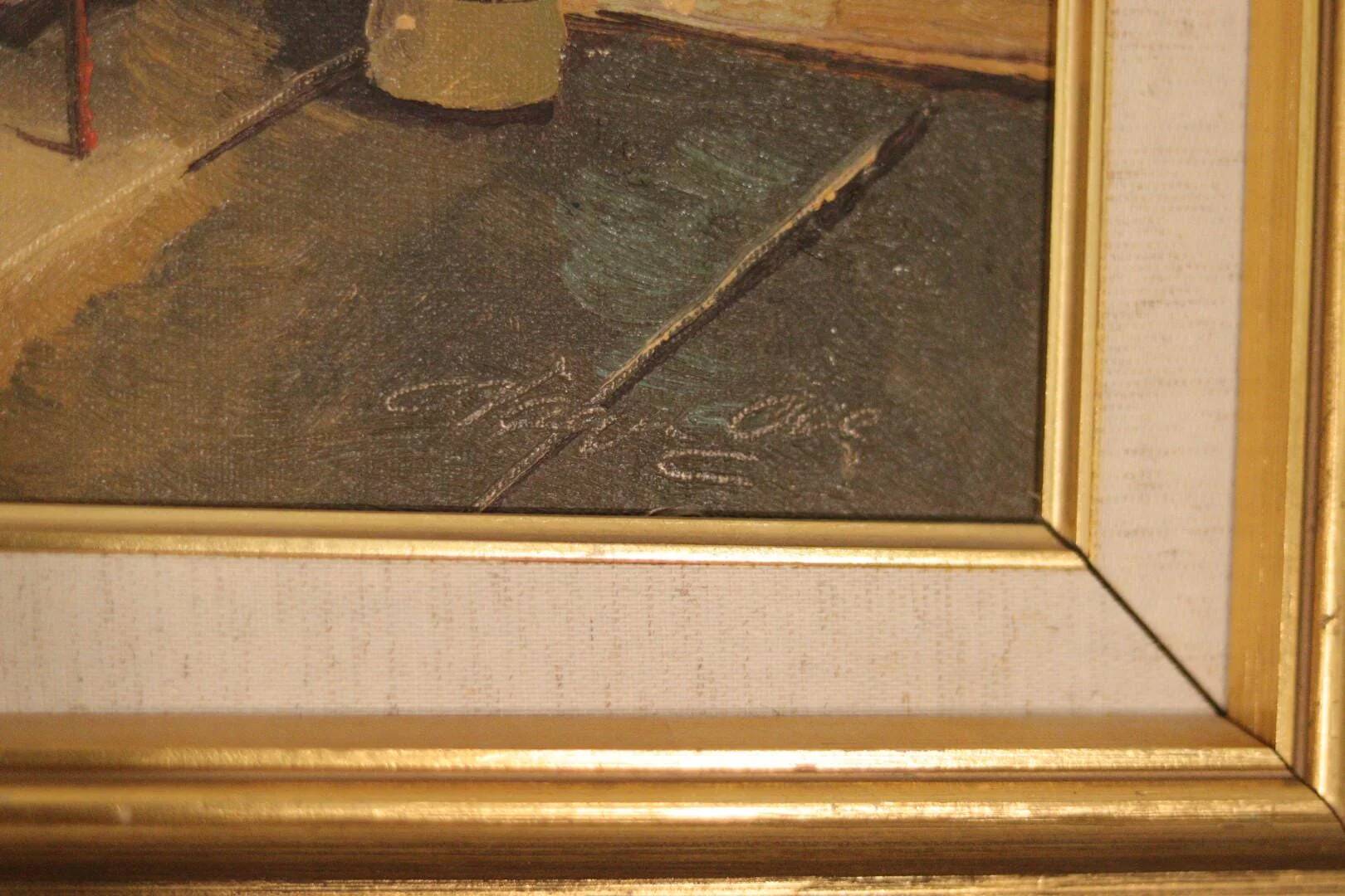 Huile sur toile suédoise originale du milieu du siècle – cheminée de cuisine