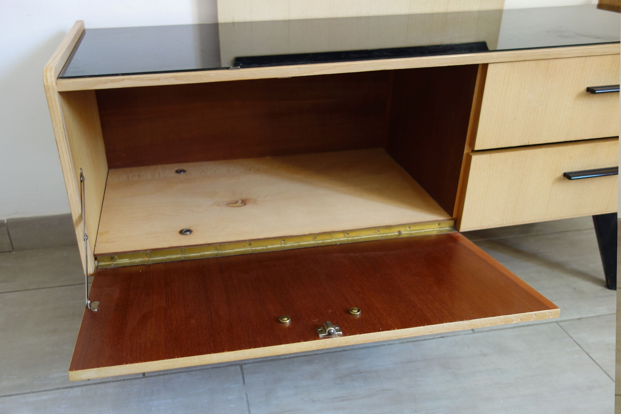 Dressing table 60s black wood and smoked glass