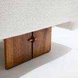 Italian Brutalist sofa in walnut and chenille velvet circa 1960