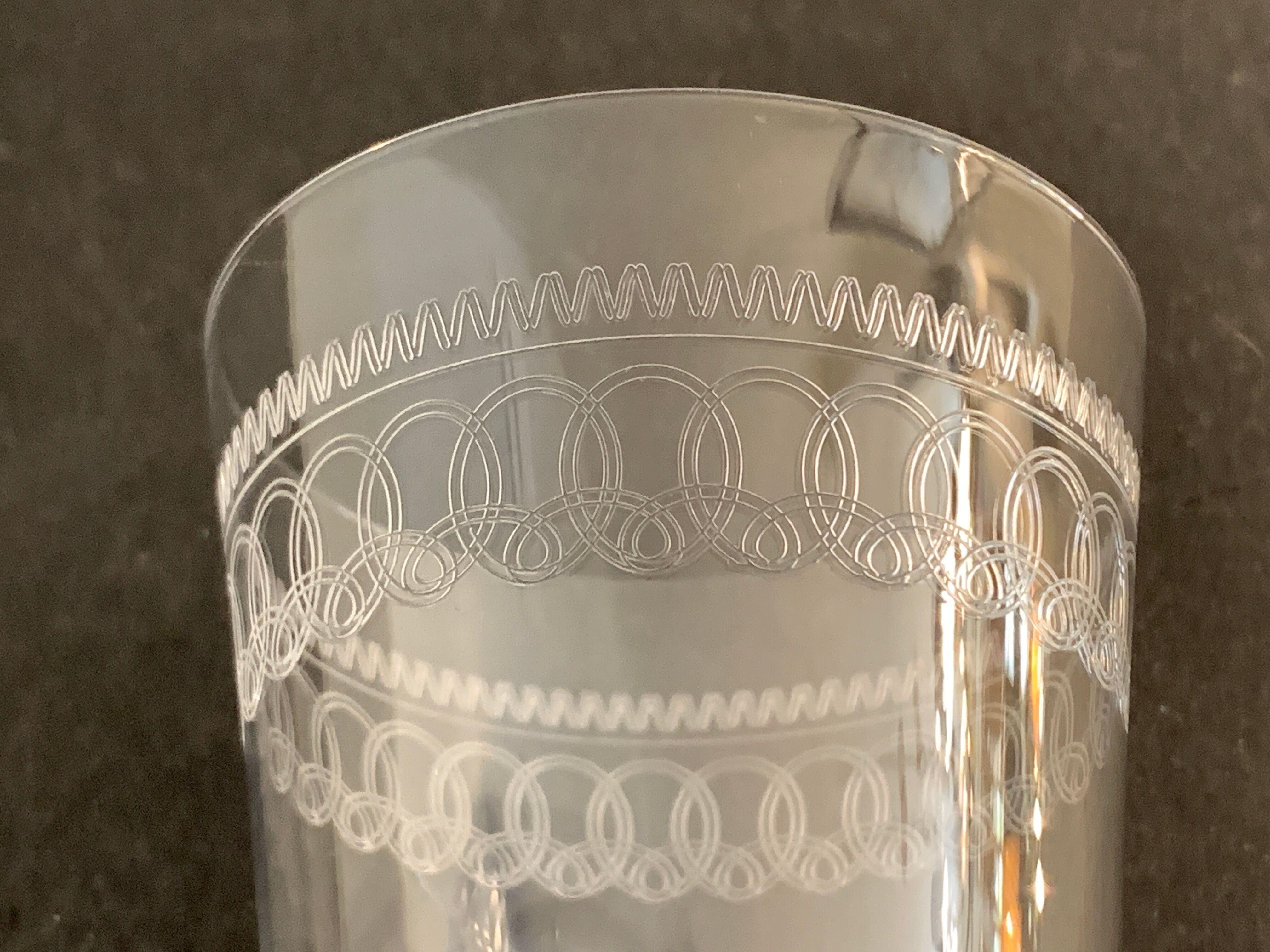 6 antique engraved crystal wine glasses