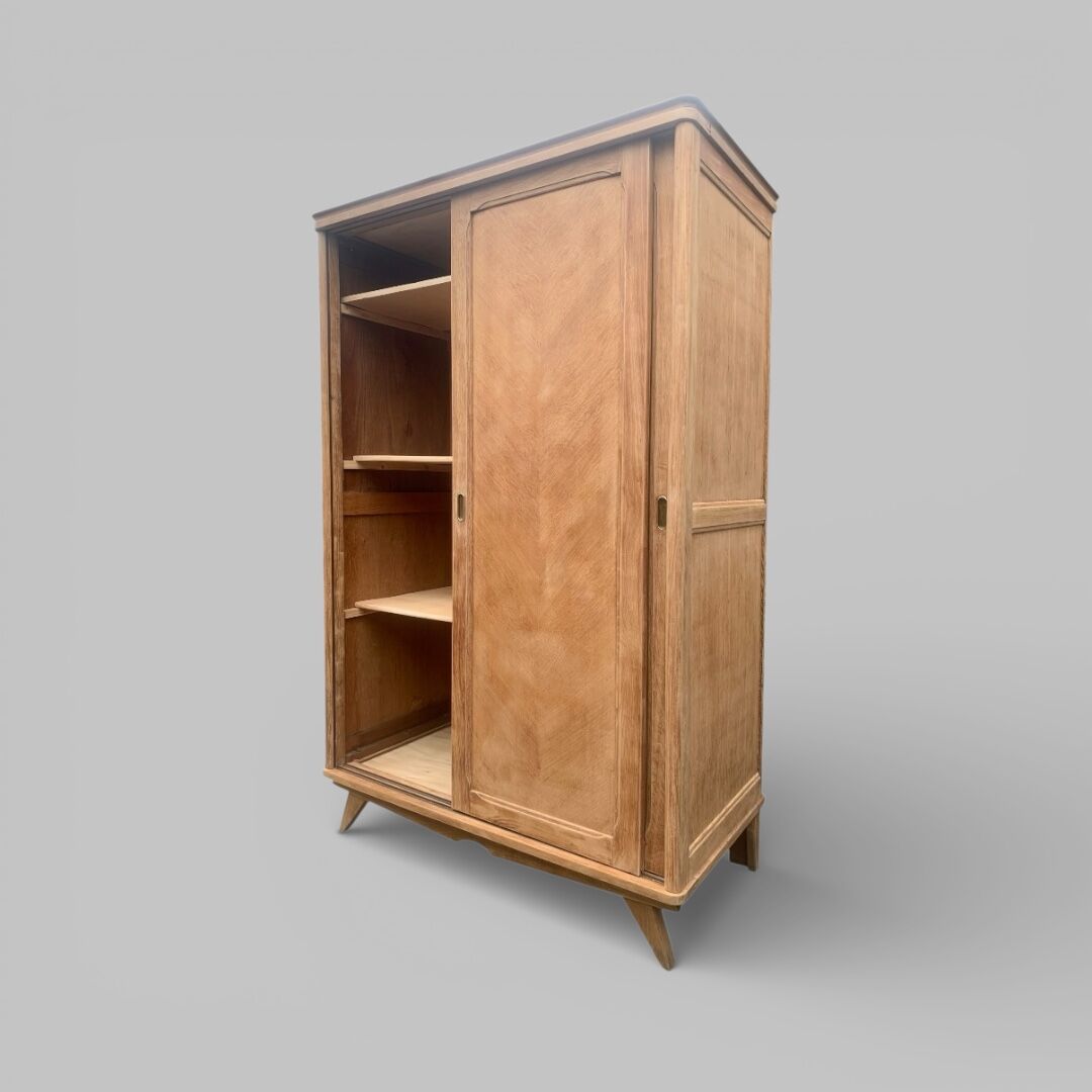 Vintage wardrobe with compass legs in raw wood, sliding doors, 1960s