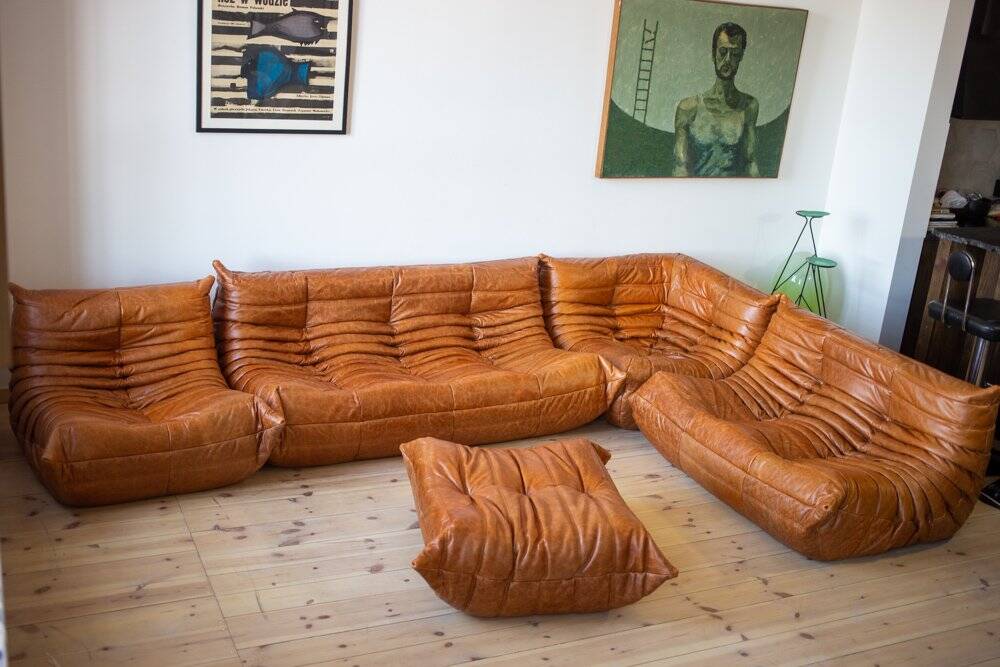 Pine leather Togo living room set attributed to Michel Ducaroy for Ligne Roset, 1979, set of 5