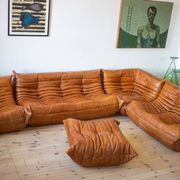 Pine leather Togo living room set attributed to Michel Ducaroy for Ligne Roset, 1979, set of 5