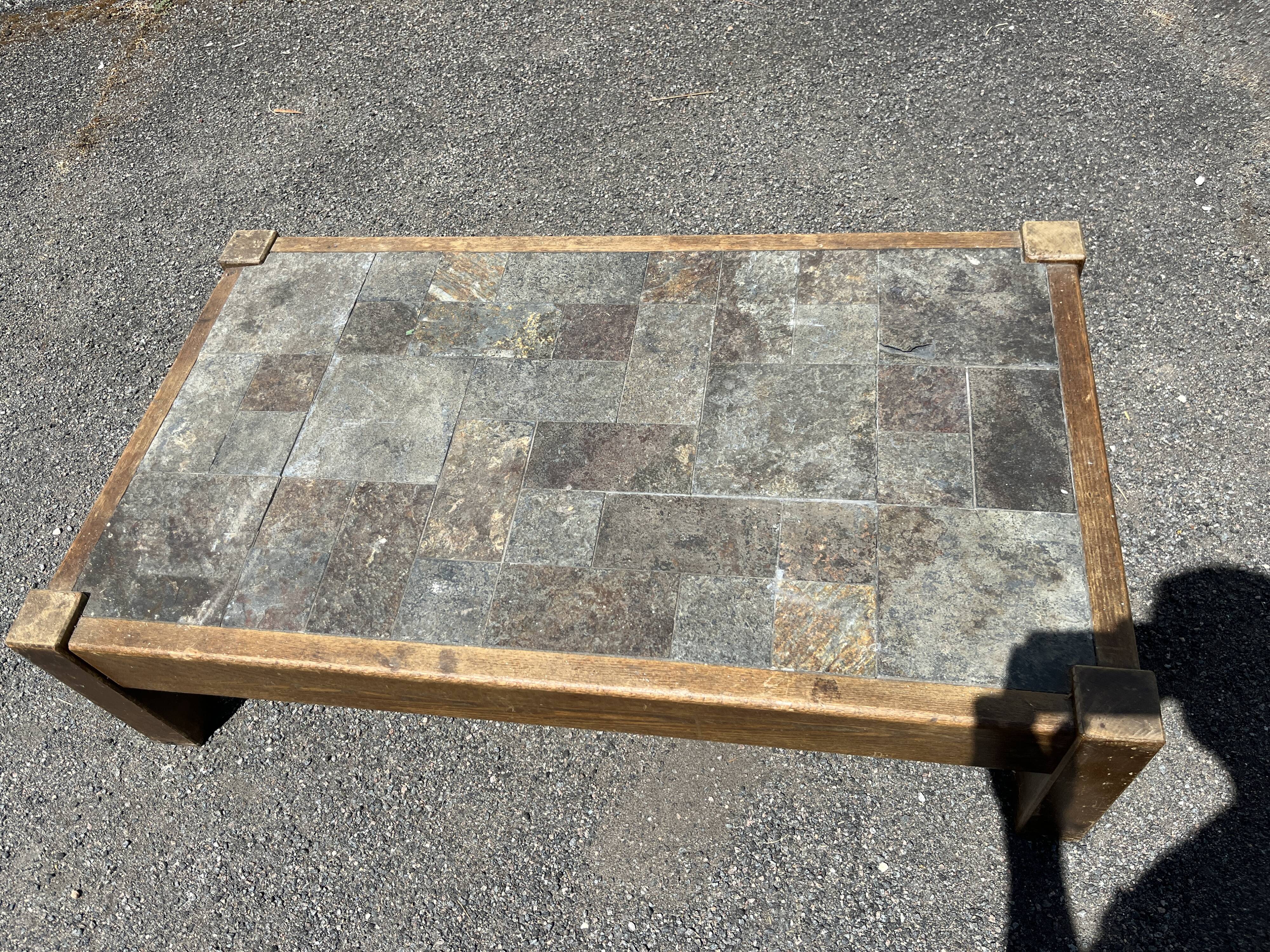 Vintage Brutalist Oak and Slate Coffee Table from the 60s and 70s
