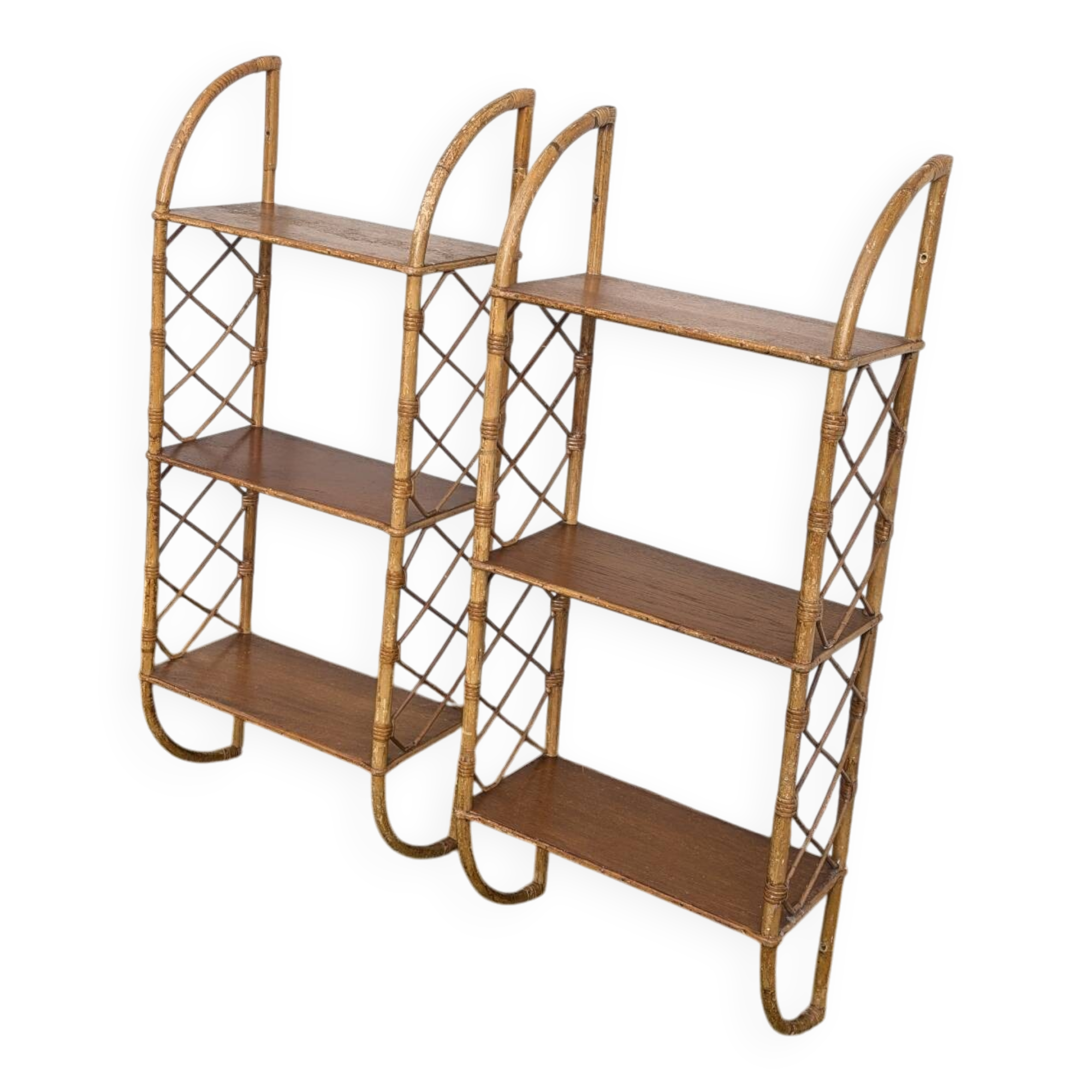 Pair of vintage bamboo and rattan wall shelves 1960
