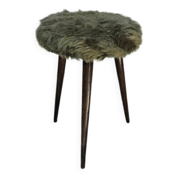Tabouret tripode moumoute verte bois — Beyit
