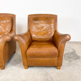 Ensemble de deux fauteuils vintage en cuir de cognac Amsterdam