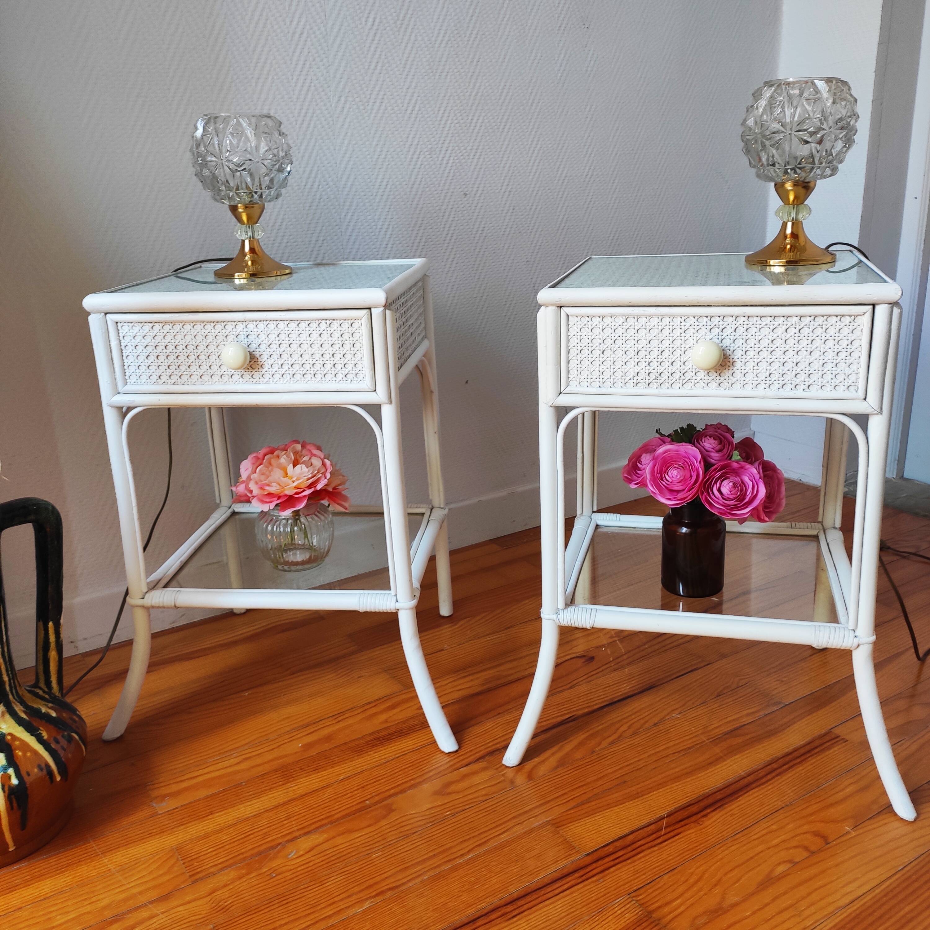 Pair of vintage 1970s rattan bedside tables
