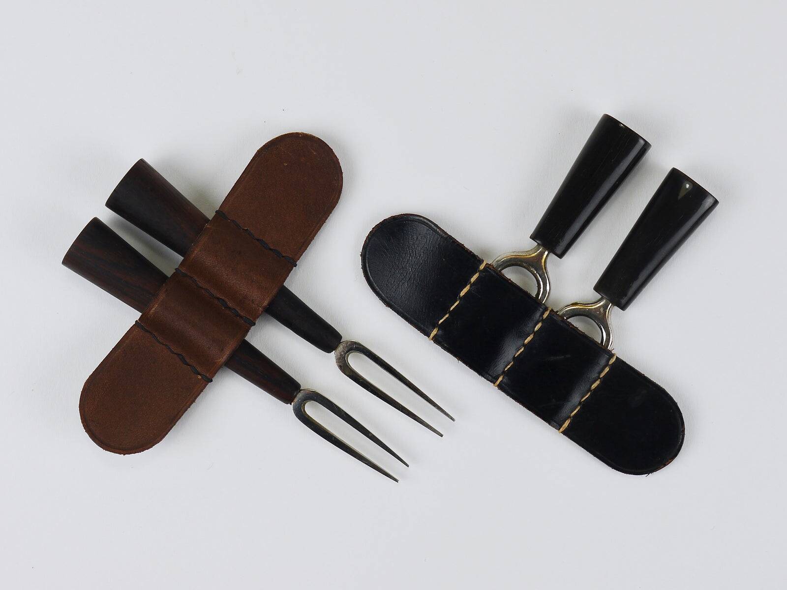 Carl Aubock Pair Forks, Horn, Brass, Leather Holder, Corn Cob Skewers 1930s