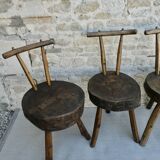 Suite of 4 tripod chairs, trunk seats, solid wood