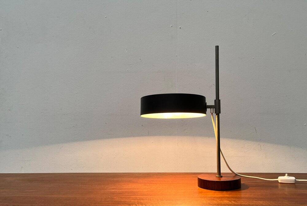 Mid-century minimalist table lamp with a teak veneer base, 1960s.