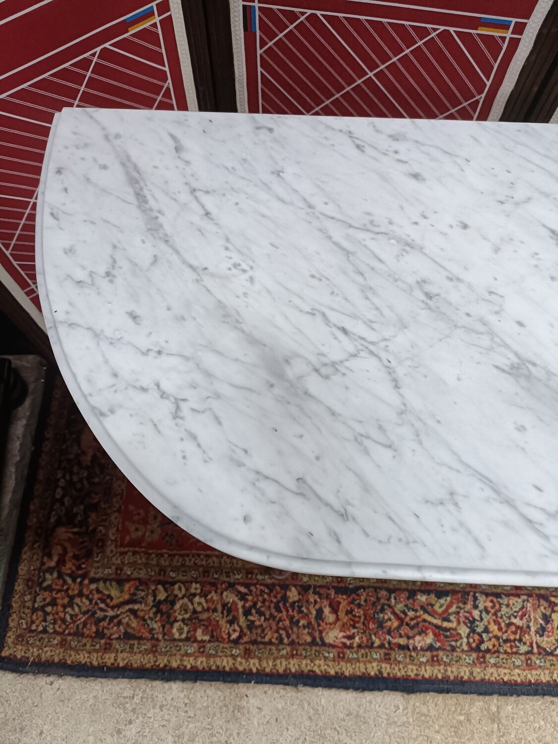 Louis XVI style half-moon console with veined white marble and drawer