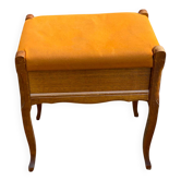 Tabouret de piano Louis XV bois massif chêne et tissu orange