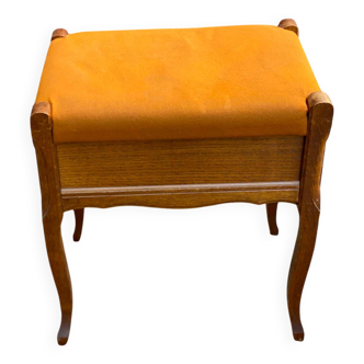Tabouret de piano Louis XV bois massif chêne et tissu orange
